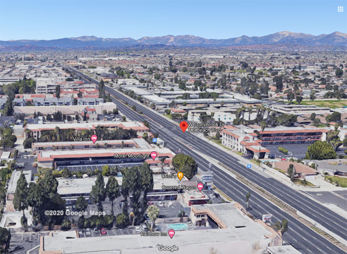 Beach Boulevard and West Stonybrook Drive, Anaheim Aerial View (©2020 Google Maps)