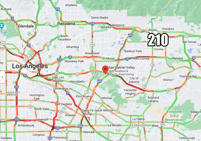 San Gabriel Valley California with Traffic Layer, Tuesday, October 4, 2022 at 7:55 a.m. (Map data ©2022 Google)